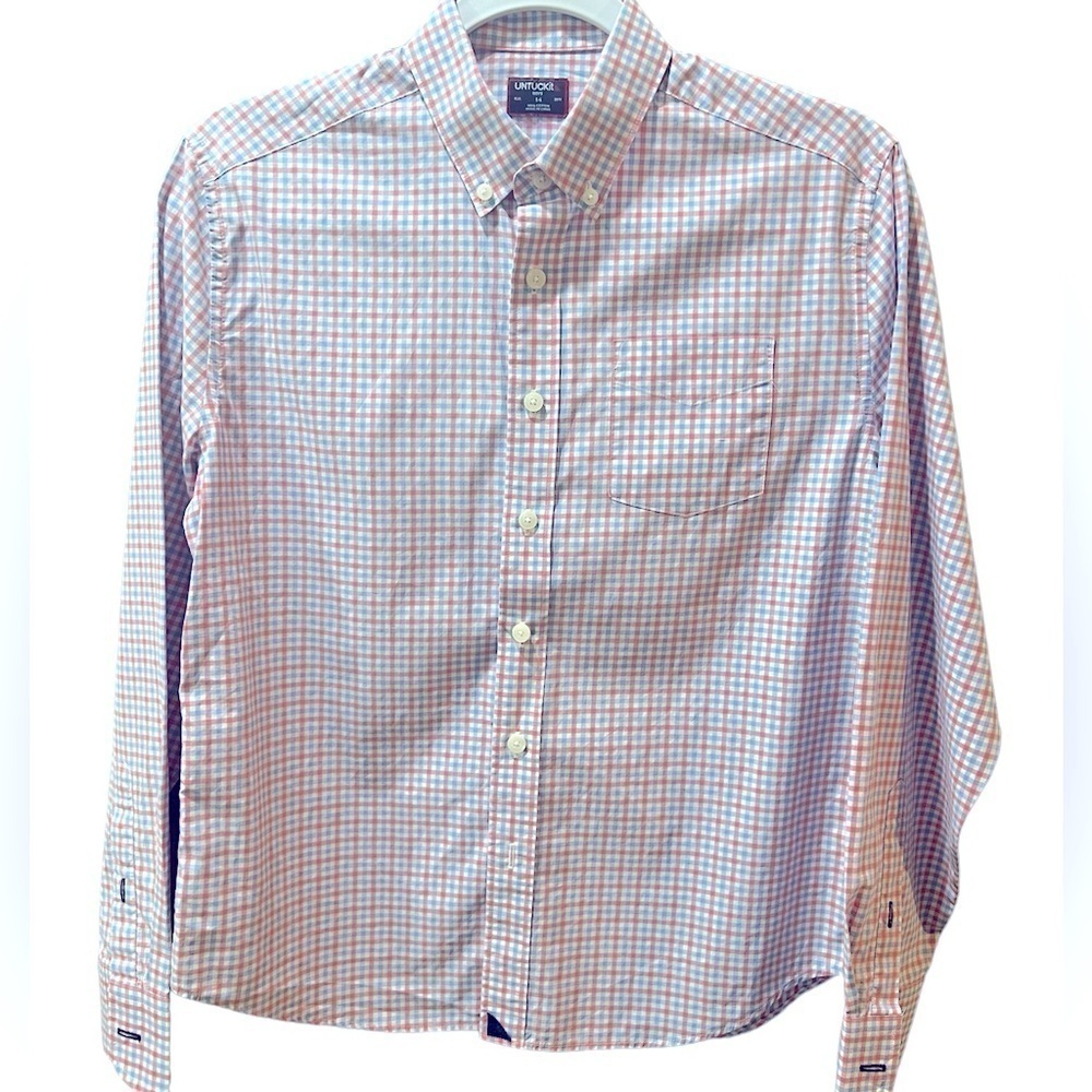 UNTUCKit Boys Size 14 Long Sleeve 100% Cotton Blue and Pink Plaid Pattenn - Picture 3 of 11